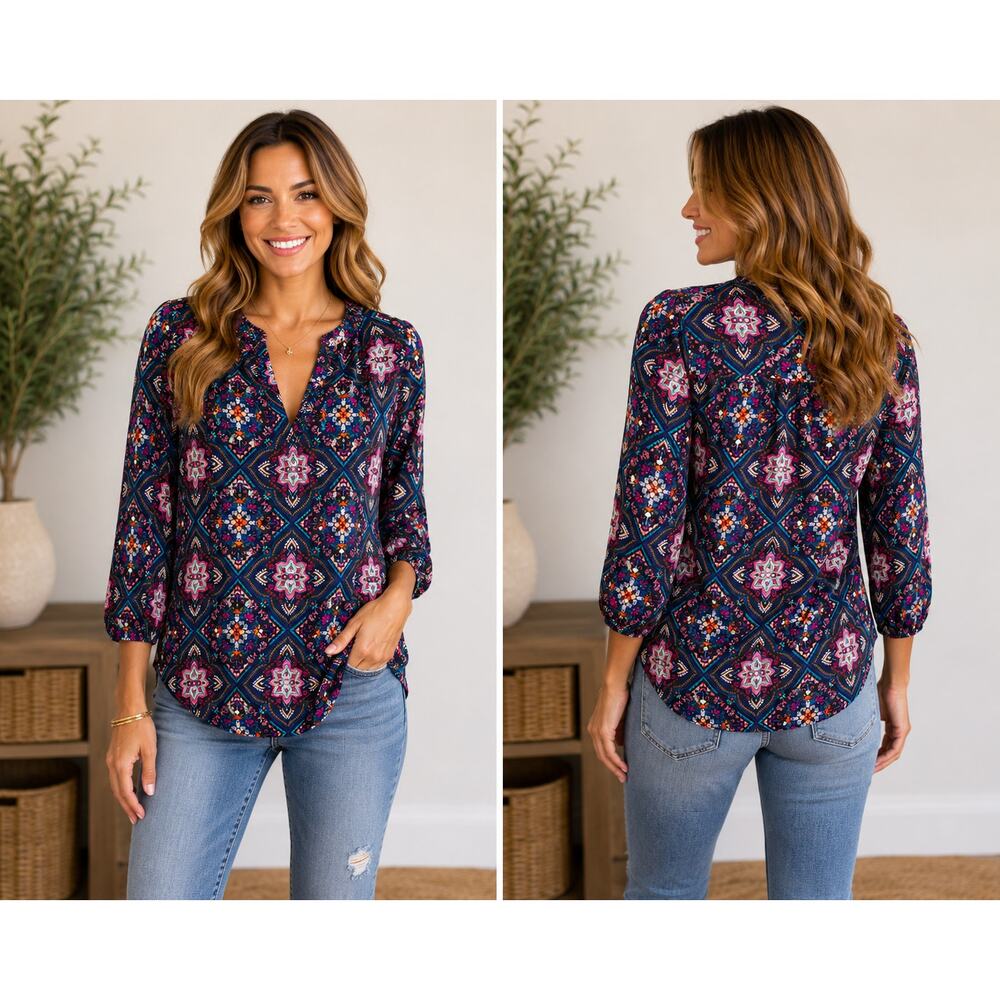 Renee C Boho Bright Colorful Medallion Print Blouse – Women’s S - Made in USA